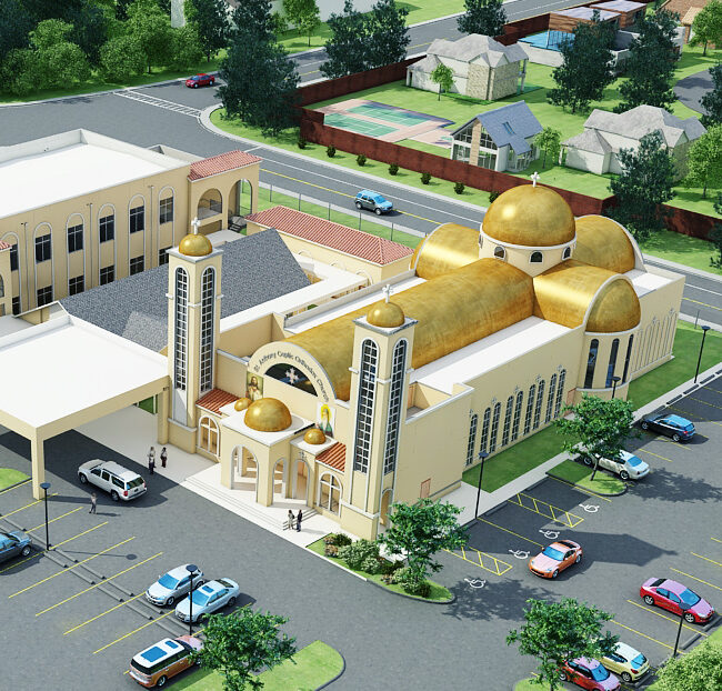 St. Anthony's Coptic Orthodox Church rendering of grounds, buildings and parking lot aerial view