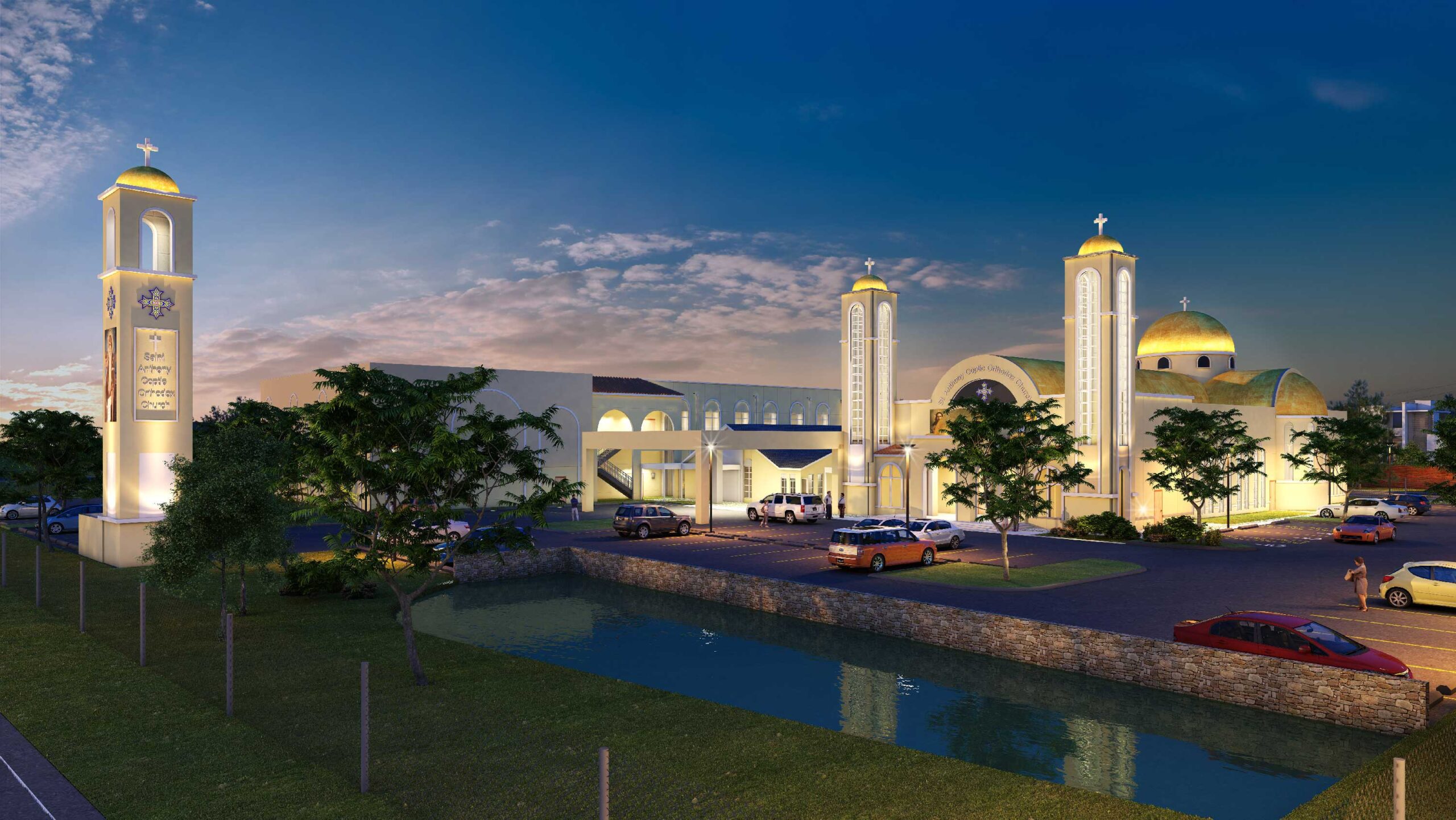 St. Anthony's Coptic Orthodox Church rendering of grounds, buildings and parking lot nighttime