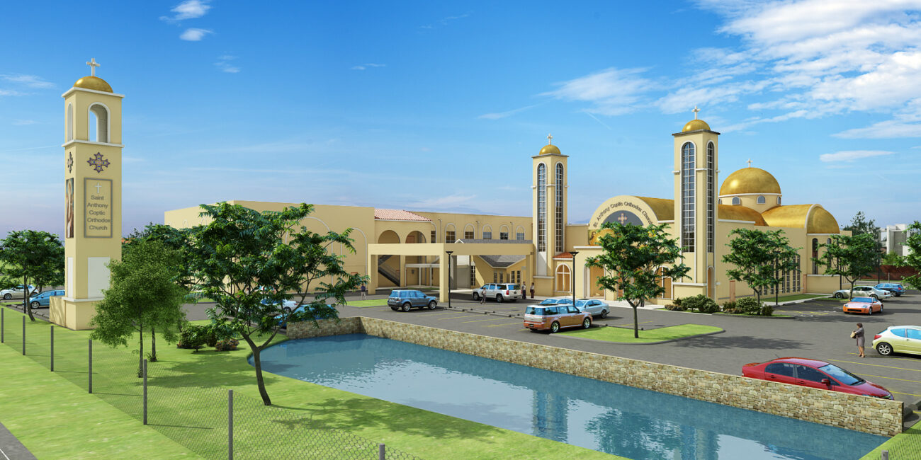 St. Anthony's Coptic Orthodox Church rendering of grounds, buildings and parking lot